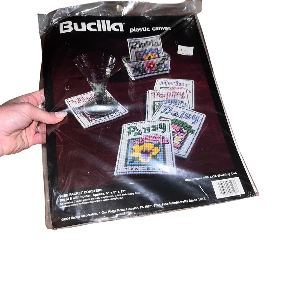 Vintage Bucilla 1994 Needlepoint Cross Stitch Seed Packet Coasters Kit Plastic
